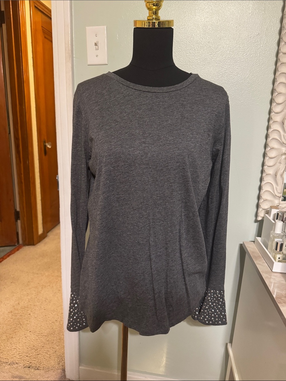 Michael Kors Charcoal Gray Long-Sleeve Tee with Studded Cuffs